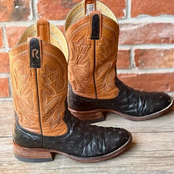 Rod Patrick Men's Handmade Ostrich Black Brown Leather Western Boots Sz 8D - Picture 5 of 10